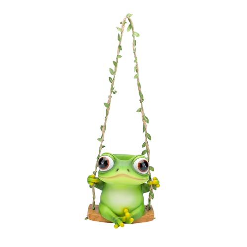 Hanging Swing Frog Planter, Cute Resin Succulent Flower Pot with Drainage Hole, Indoor Outdoor Garden Decor