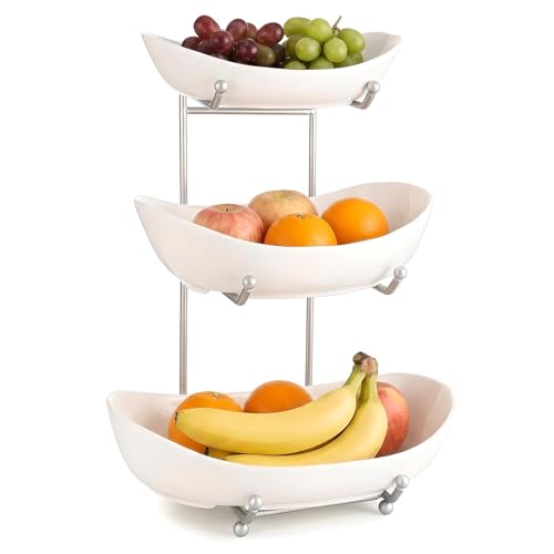 3 Tier Fruit Basket for Kitchen Counter, Silver/White Ceramic Fruit Bowl for Countertop, Home Fruit Rack with Holder, Vegetable Bowl Snacks Nuts Bread Candy Storage (White)