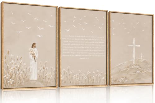 Christian Jesus Bible Verse Framed Canvas Wall Art Set-24"x36"x3 - color: Neutral Jesus Bible Verse Wall Art, size: 24"L x 36"W