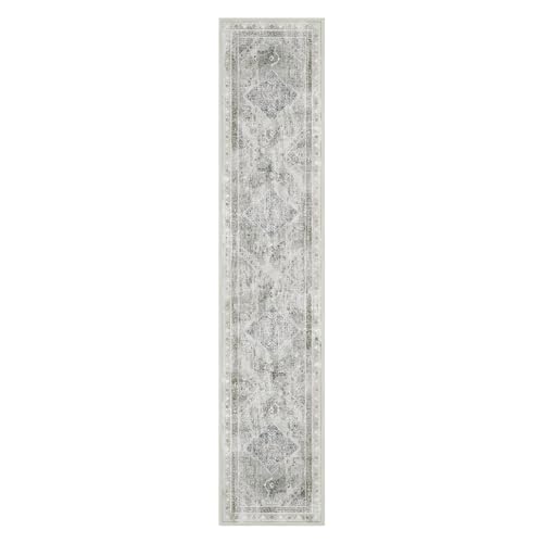 Phantoscope Washable Runner Rug 2'x10' Non-Slip, Vintage Neutral Hallway Rugs for Entryway, Stair, Bedroom, Distressed Boho Medallion Pattern, Low-Pile Foldable Floor Carpet, Silver Grey/Taupe - color: Silver Grey/Taupe, size: 2' x 10' (Runner)