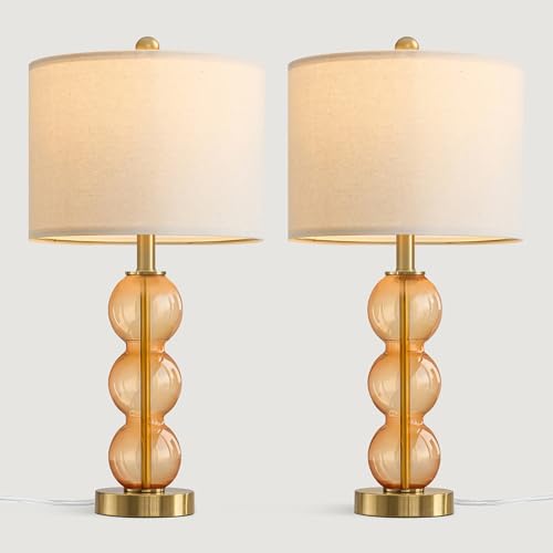 Oneach 25" Amber Glass Table Lamps for Living Room, Glass Modern Table Lamp Set of 2, USB Charging Ports, Linen Shade, Bedside Lamps for Bedroom, Nightstand, Side Table (Bulbs not Included) - color: Amber
