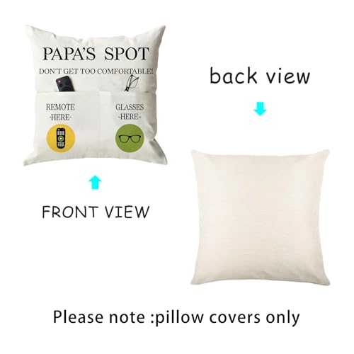 ONFAON Papa Gifts Throw Pillow Case, Papa's Spot Throw Pillow Covers 18 x 18 Inch,Put Phone Glasses and Remote Control Pillowcase,Birthday Christmas Thanksgiving Day Gifts for Papa Stepdad 3-Pocket - color: Papa 3-pocket