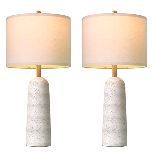 BOBOMOMO 27.25" Modern Table Lamp Set of 2, White Resin Table Lamps with Stone Look, Lamps for Living Room with Linen Shades, Bedside Lamps for Bedroom, Nightstand, Entryway - color: Soft White, size: 27.25"