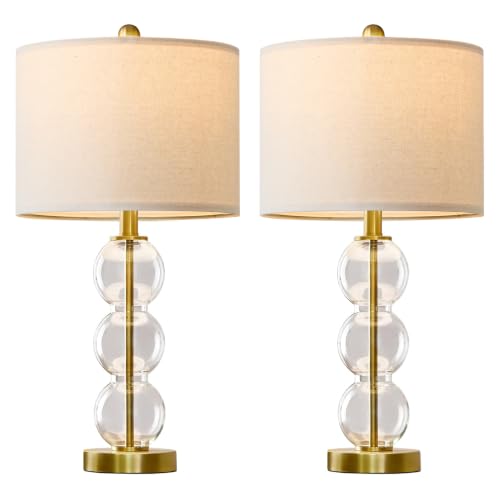 Oneach 25" Glass Table Lamps Set of 2, Gold Modern Table Lamps with USB Ports for Living Room, Linen Shade Bedside Lamps for Bedroom, Nightstand, Side Table (Bulbs not Included) - color: Gold