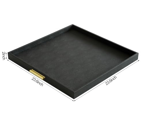 HofferRuffer Extra Large Square Serving Tray, Elegant Faux Leather Ottoman Tray with Gold Hardware Handles, Serve Tea, Coffee or Breakfast in Bed, 24 x 24 inches (Black Shagreen) - color: Black, size: 24" x 24" x 2"