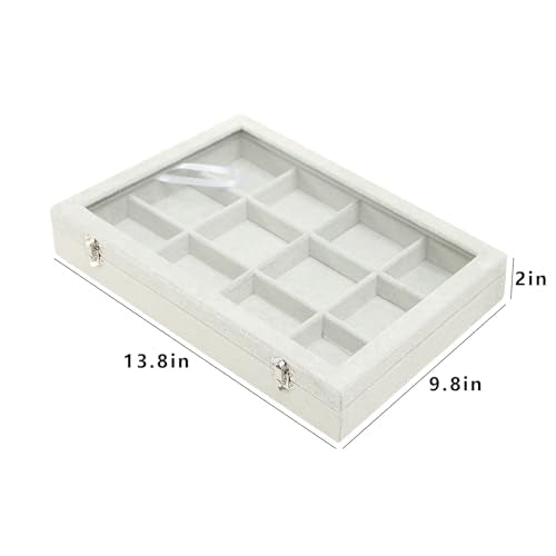 Coward Jewelry Organizer Tray Box, Grey Beige Velvet 12 Grids Bracelet Bangle Necklace Jewelry Display Tray Case with Transparent Glass Lid for Home Desk Drawer or Store Selling Show - color: Grey Beige Velvet, size: 12Grids Box