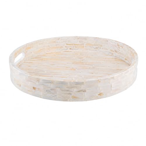 PEMAR 12.6” Decorative Round Serving Tray, Mother of Pearls Inlaid Coffee Table Tray w Insert Handles,Nacred Wooden Ottoman Tray,Bedroom Tray,Cabin Tray. Decorative Platter Basket Tray (White Pattern) - color: Cream White