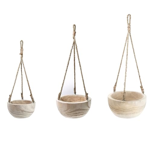 CYS EXCEL Large Wooden Hanging Planter Paulownia Wood Bowl Basket with Jute Rope for Indoor Plants Succulents - size: 10"