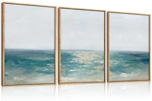 Aurlan Large Abstract Blue Coastal Framed Canvas Wall Art Set-24"x36"x3 - color: Abstract Blue Coastal Wall Art, size: 24"Lx36"W