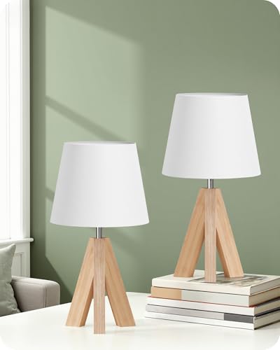 Wood Bedside Lamps Set of 2, Small Tripod Table Lamp, Modern Nightstand Lamp with Fabric Shade, Boho Bedside Wood Desk Lamp for Bedroom, Kids Room, Living Room, Study, White W51TLP205 - color: 2Pack White+Natural Wood