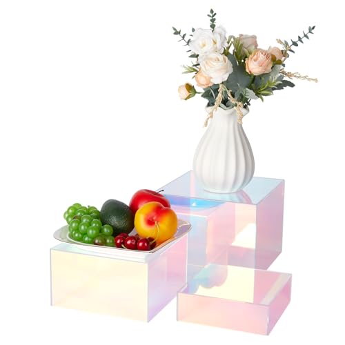 3-Pack Iridescent Acrylic Display Risers, Rainbow Nesting Cubes for Dessert - color: Iridescent