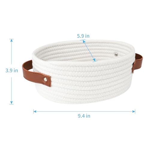 ABenkle Small Woven Basket, Mini Cotton Rope Storage Basket, Tiny White Easter Basket, Oval Decorative Toy Dog Cat Basket for Nursery, Empty Gift Baskets, 9.4" x 5.9" x 3.9" XS - color: White