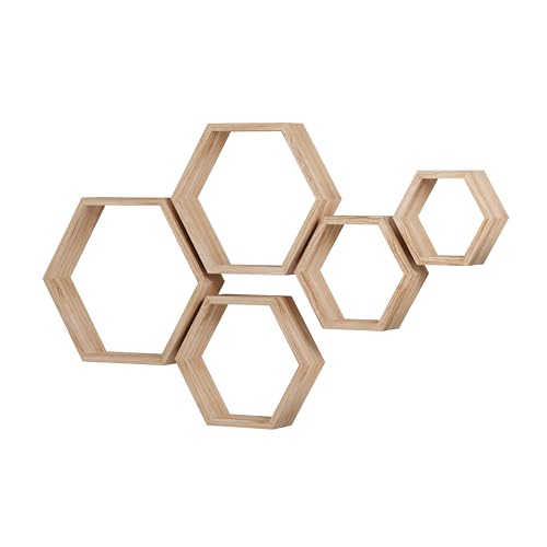 WONFUlity Hexagon Floating Shelves, Hexagonal Shelf Wall Mounted Storage - color: Light Brown, size: 5PC