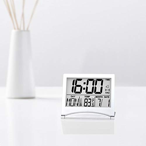 Betus Digital Travel Alarm Clock - Foldable Calendar Temperature Timer LCD Clock with Snooze Mode - Large Number Display, Battery Operated - Compact Desk Clock(Silver, No Backlight) - color: Silver Pack of 1
