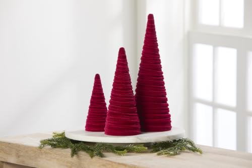 Set of 3 Cranberry Velvet Cones Modern Christmas Tree (Cranberry) - color: Cranberry