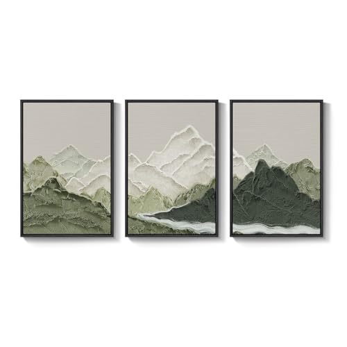 Framed Green Abstract Mountain Wall Art for Living Room, 3 Piece, 24x36 In - color: Green White Gray, size: 24" W x 36" H x 3Pcs