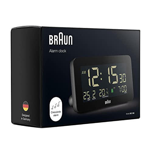 Braun Digital Alarm Clock with Date, Month and Temperature Displayed, Negative LCD Display, Quick Set, Crescendo Beep Alarm in Black, Model BC10B (1-Pack) - color: Black