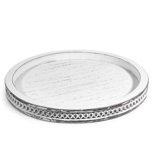 Farmhouse Round Wooden Beaded Tray 12" White Washed Wooden Decorative Tray Round Rustic Wood Decorative Coffee Table Trays for Home Living Room Kitchen Counter
