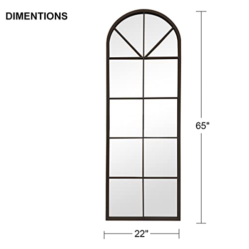 65×22" Arched Window Finished Full Length Mirror, Wall Mirror with Metal Frame, Home Decor Windowpane Mirror, Wall Mounted or Leaning, No Stand - Black - color: Window Mirror-black, size: 65"L x 22"W