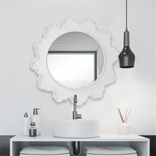 MAKLAINE Round Coastal Accent Mirror, Resin, Glass, MDF, Matte White Finish, 33.63"x33.63", Textured Coral-Inspired Design, Contemporary Style Decorative Wall Mirror for Living Room or Bedroom