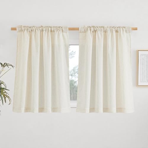 NICETOWN Natural Linen Kitchen Curtains 36 inches Long, Retro Rod Pocket & Back Tab Semi Sheer Privacy Added Window Treatments Light Filtering Drapes for Cafe, W42 x L36, 2 Panels - color: Natural, size: 42"W x 36"L (Pack of 2)