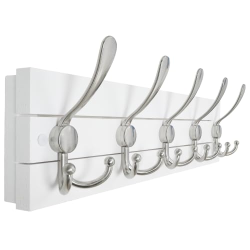 SKOLOO Matte White Solid Wood Wall Mounted Coat Rack, 5 Hooks, 17" Long - Kitchen, Mudroom, Entryway, Bathroom - Includes Mounting Hardware, Wall Coat Hanger, Towel Rack - color: White Plates & Nickel Hook, size: 1 Item-5 Hooks