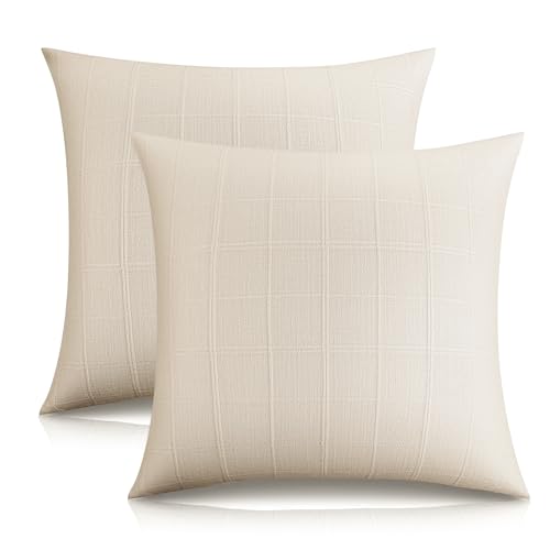 Linen Plaid Checkered Throw Pillow Covers, Beige, 18x18, Set of 2 - color: Beige, size: 18" x 18" (Pack of 2)
