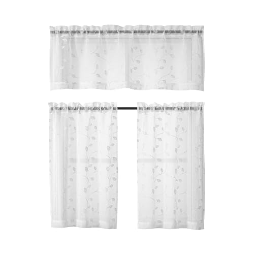 Regal Home Collections Embroidered Kitchen Tiers & Window Valance Curtains - 54"x36" Light Filtering Rod Pocket Cafe Tier, Curtain Valances for Windows, Elberon White - color: Elberon/White