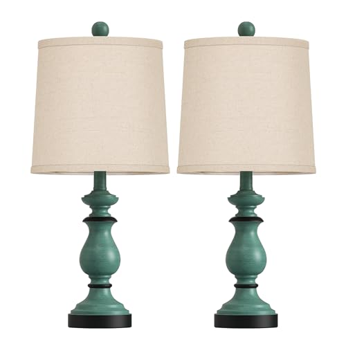PARTPHONER Traditional Table Lamp Set of 2, Rustic Farmhouse Table Lamps for Living Room Bedroom, 22" Bedside Desk Lamps Vintage Nightstand Lamps with Linen Shades, Green - color: Antique Green, size: 22 Inch