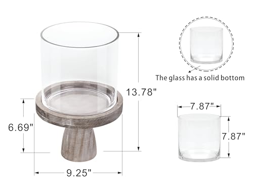 9" Wide Farmhouse Glass Hurricane Candle Holder & Glass Vase with Vintage Brown Sturdy Solid Wooden Base for Pillar & Flower Arrangement, Terrarium, Centerpiece, Console Table, Dining Table, Mantel - color: Rustic Brown, size: 9"x13.5"