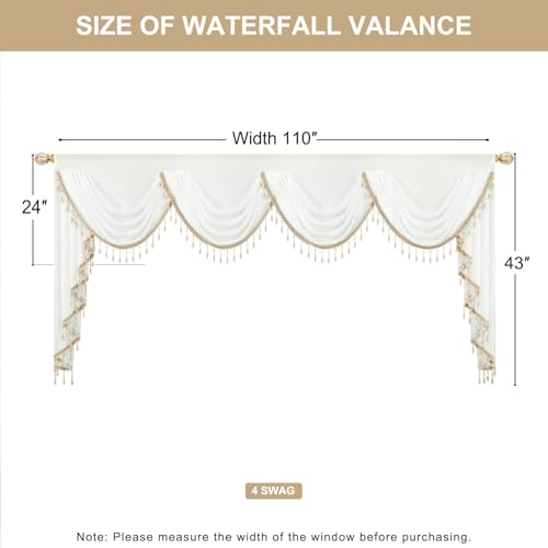 VOGOL Sheer White Waterfall Valance with Beaded Tassels, 138 x 43, 1 Panel - color: White-beaded, size: 138"W x 43"L (Pack of 1)