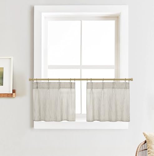 Lino Rosa 15 Inch Curtains Length,Cafe Striped Linen Farmhouse Sheer Small Window Curtains for Kitchen Bathroom,24 x 15 Inch Long 2 Panels Set - color: Taupe, size: 24"W x 15"L (Pack of 2)