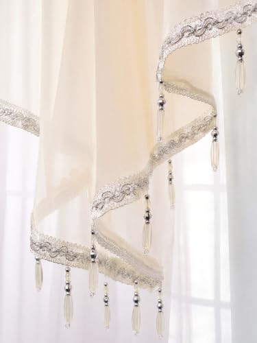 Molaxhome Swag Curtain Scalloped Curtain Valance Drape Sheer Lace Panel 1pc - color: Beige