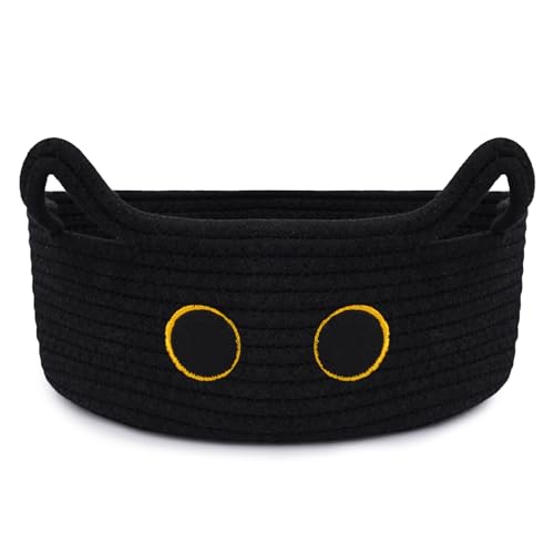 Black Cat Toy Basket for Nursery,Small Cute Cat Oval Woven Rope Basket - color: Black, size: 12"D x 5"H IN