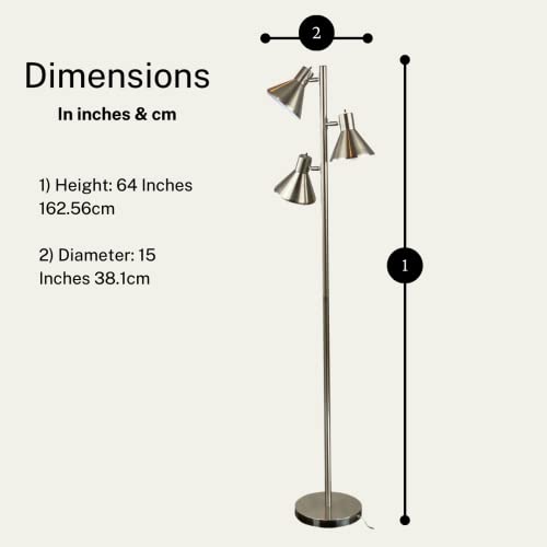 LIGHTACCENTS Tree Floor Lamp, Brushed Nickel - Modern Pole Lamp with 3 Adjustable Reading Lights - 64 inch Stand Lamp for Living Room, Bedroom, Dorm Room - color: Brushed Nickel