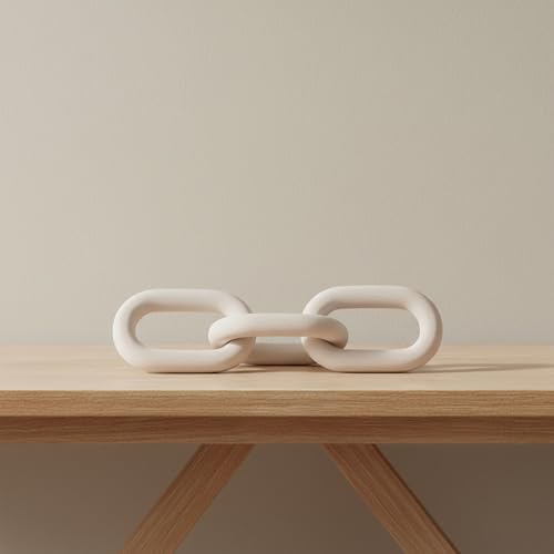 Wooden Chain Link Sculpture for Home Decor - Accent Display for Bathroom, Office, and Living Room - Handcrafted Link for Shelf Styling - Modern Room Coffee Table Decor Ornament, 4", White