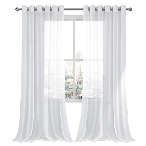 DWCN White Faux Linen Sheer Curtains - Grommet Voile Window Curtain Drapes for Bedroom Living Room 70 x 95 inch Length, Set of 2 - color: White, size: 70"W x 95"L (Pack of 2)
