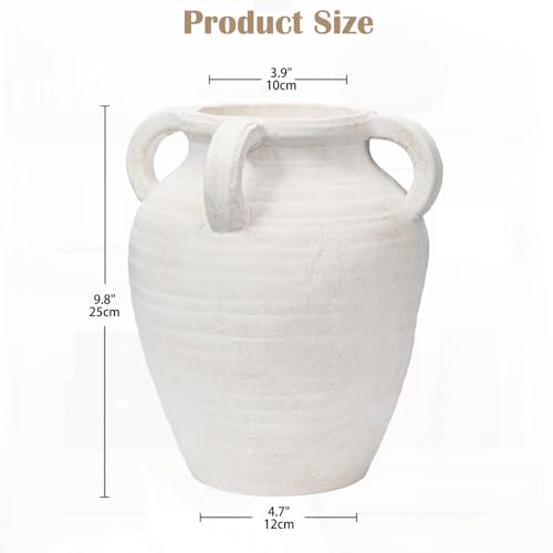 Handcrafted Flower Vase, 9.8" Tall Terracotta Vase, Vintage White Ceramic Vase, Rustic Antique Decor with 4 Handles, Wide Mouth, Matte Finish for Home Office Resto Café Décor - color: White With Handles 9.8"