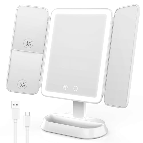 FRANO Trifold Makeup Mirror with Light, 3X/5X Magnifying Vanity Mirror, - color: White