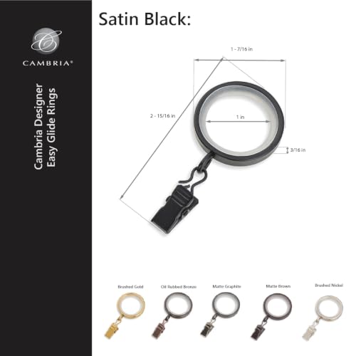 Cambria Designer 1-3/8" Satin Black Quiet Glide Curtain Rings 18 Pack - color: Satin Black, size: Small 1-3/8 in