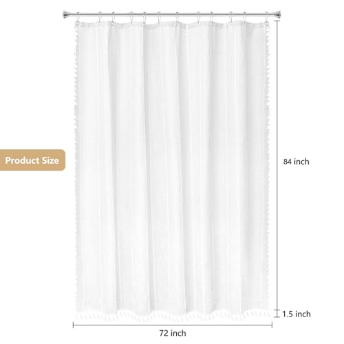 Seenus 72 x 84 inch Extra Long Boho Farmhouse Shower Curtain with Tassels, White Linen Textured Soft Fabric Shower Curtain Heavyweight, Elegant French Country Striped Bathroom Curtain Water Repellent - color: White, size: 72"W x 84"L (Pack of 1)