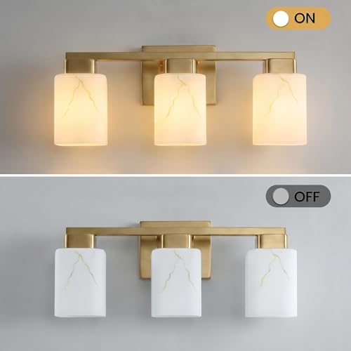 3-Light Square Bathroom Light Fixture, Gold Modern Vanity Light with White Marble Glass Shade, for Bathroom Mirror, Living Room, Bedroom, Hallway, E26 Base - color: Gold, size: 3-Light