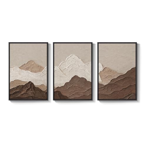 Framed Brown Abstract Mountain Wall Art for Living Room, 3 Piece, 24x36 In - color: Brown White, size: 24" W x 36" H x 3Pcs
