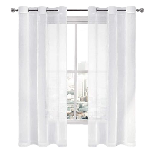 DWCN White Sheer Curtains for Living Room Bedroom - Faux Linen Look Voile Drapes Grommet Top Window Curtain Panel 46 x 63 Inch Length, Set of 2 Panels - color: White, size: 46"W x 63"L (Pack of 2)