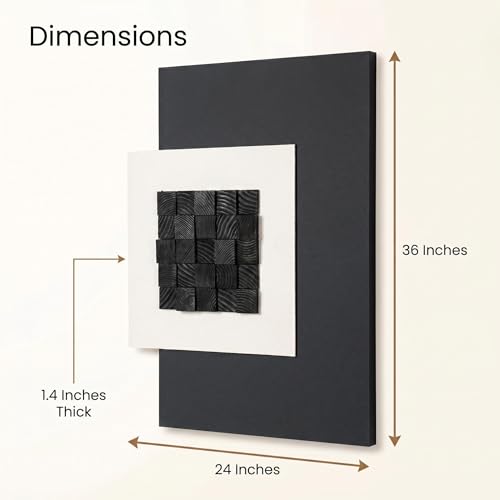 AMAATE 3D Textured Black Wood Geometric Relief Sandstone Framed Wall Art - color: black square