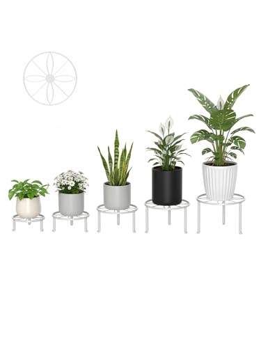 5 Pack Heavy Duty Metal Plant Stand, Anti-Rust Flower Pot Holder for Indoor Outdoor Garden Patio - color: Leaf-White