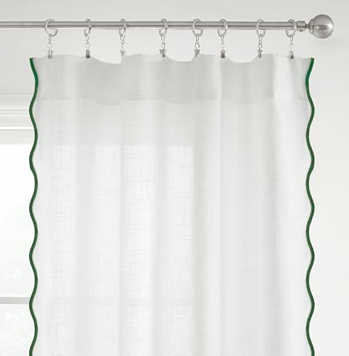 DriftAway Semi Sheer Scalloped Edge White Coastal Beach Window Curtains for Living Room Bedroom 2 Panels Rod Pocket Each Size 52 Inch by 63 Inch Loden Green - color: White Loden Green, size: 52"W x 63"L (Pack of 2)