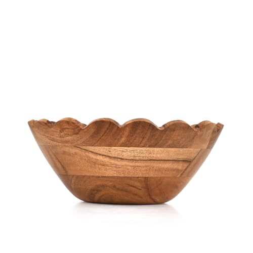 Salad Bowl Acacia Wood Elegant Scalloped Bowl Handcrafted for Salads, Fruits, – Stylish Wooden Kitchen & Tabletop Accessory (9" x 9" x 4")