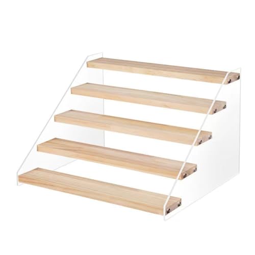 5 Tier Acrylic Wooden Display Stand, Clear Acrylic Display Riser Shelf Wood Tiered Display Shelf Rack Step Ladder Riser Stands for Cupcakes Perfumes Figures Collectibles