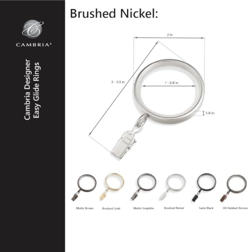 Cambria Designer 2" Brushed Nickel Quiet Glide Curtain Rings 18 Pack - color: Brushed Nickel, size: Large 2 in
